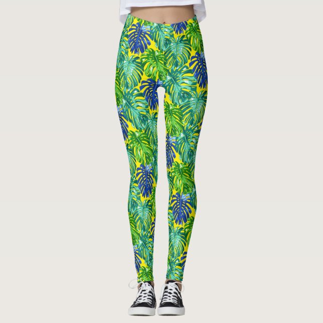 Leggings Tropical Green Yellow Beach Feuilles de la jungle (Devant)