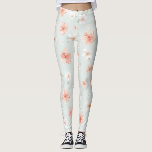 Leggings Tropical Peach White Hibiscus Flowers (Devant)