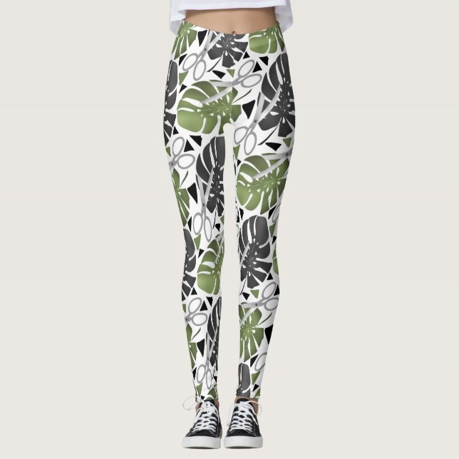Leggings Tropical print monstera leaves scissors jungle exo (Devant)