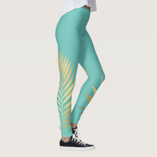 Leggings Tropical Shimmer Gold Palm Feuilles doux Aqua bleu