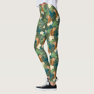 Leggings Tropical Tiger Hawaiian Palm Jungle Teal