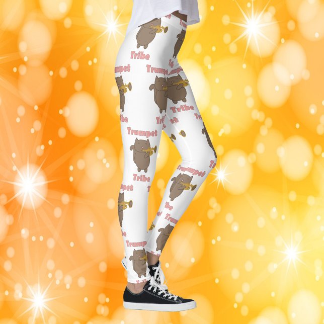 Leggings Trumpet Tribe Brown Cat Pink Pattern (A pair of leggings with a pattern of a brown cat playing the trumpet and the words trumpet tribe.)