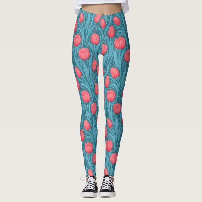 Leggings Tulipes en bleu et rouge (Devant)
