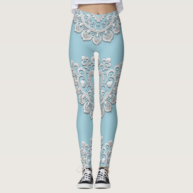 Leggings Turquoise Bleu Blanc dentelle Coeur Mariage (Devant)