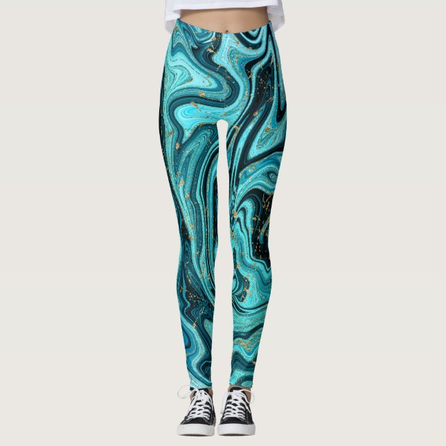 Leggings Turquoise Blue & Gold Chic Swirl Moderne Abstrait (Devant)