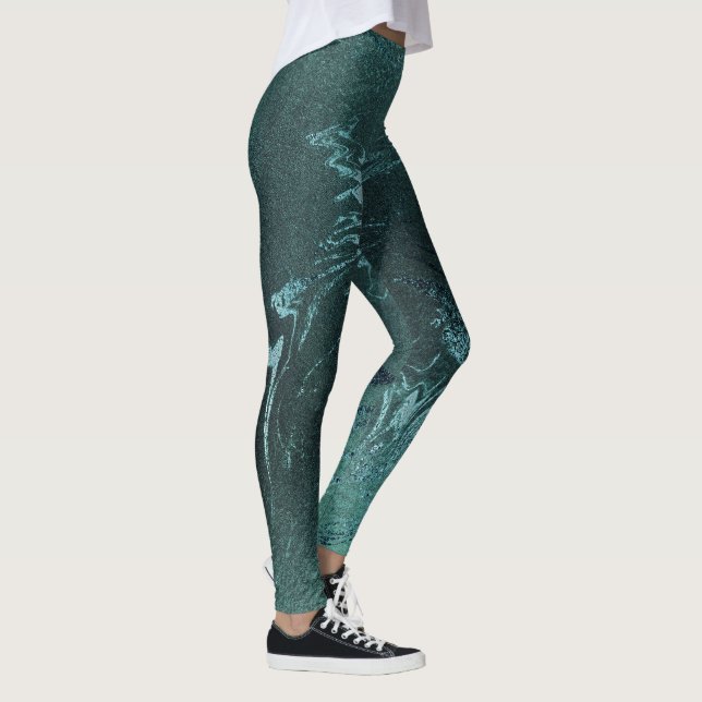 Leggings Turquoise Tropical Green Métallic Abstrait Marbre (Droite)