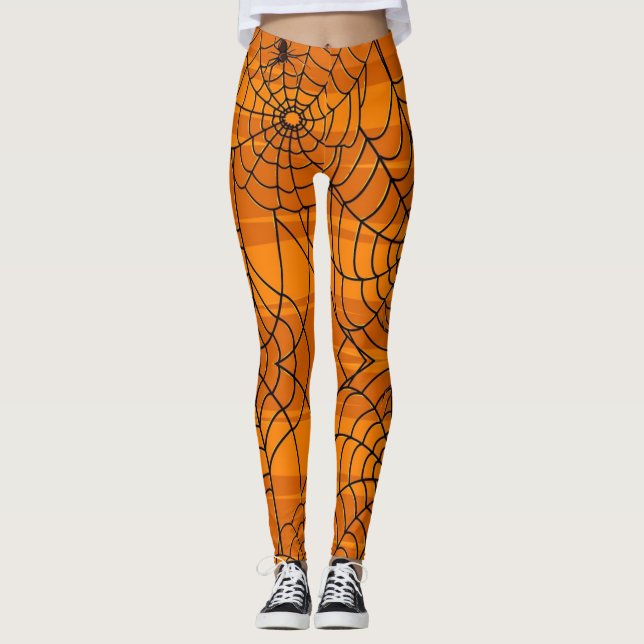 Leggings Un joli Halloween Spider Web noir et orange (Devant)