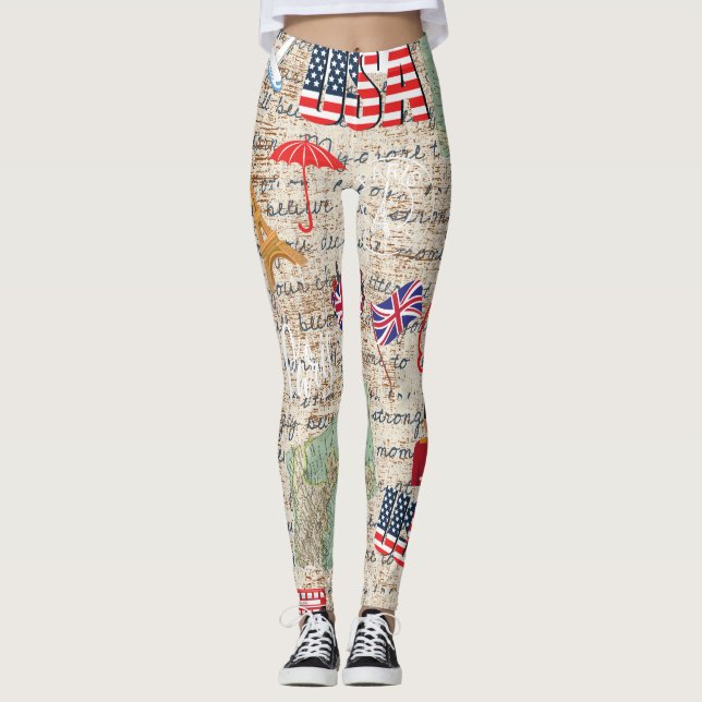 Leggings Unique Mode États-Unis Cartes et texte rustique (Devant)