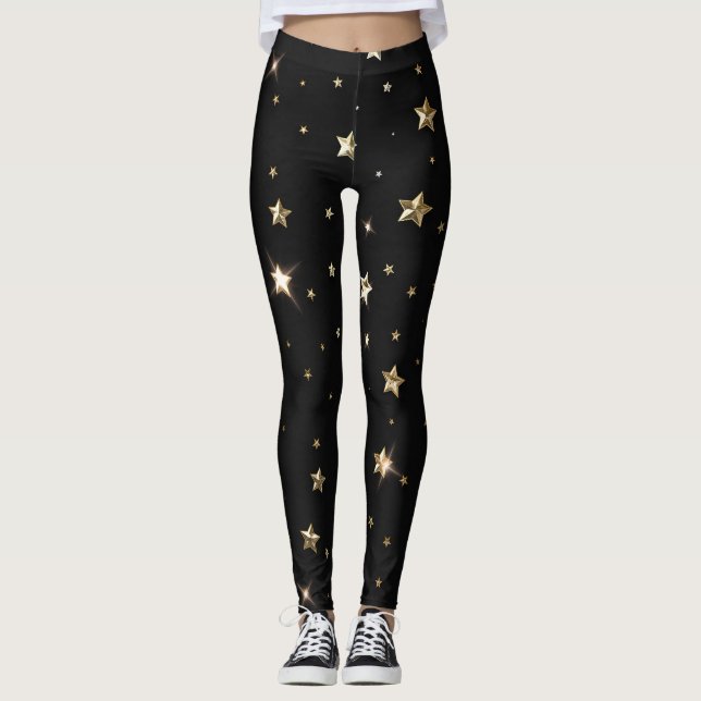 Leggings Vacances Black et Gold Faux Metal Christmas Stars (Devant)