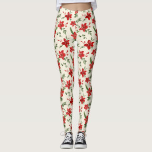 Leggings Vacances Green Holly Rouge Floral Motif de Noël 
