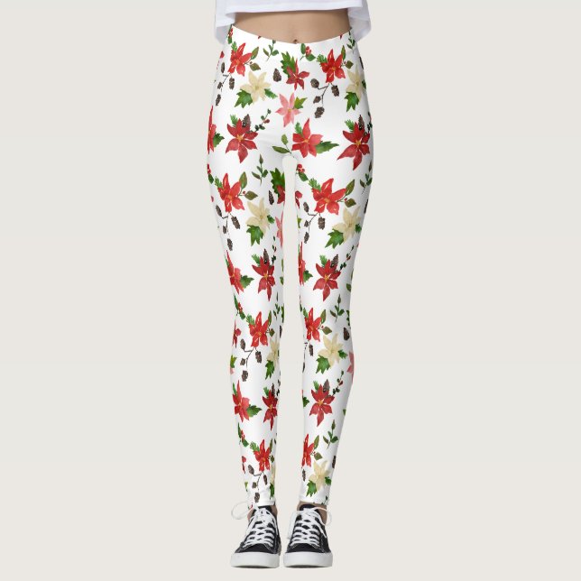 Leggings Vacances Poinsettia Rouge Floral Motif de Noël (Devant)