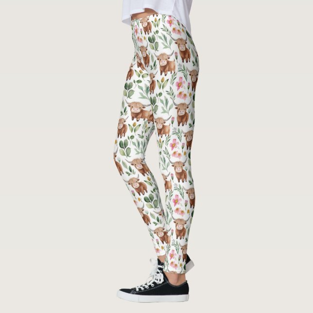 Leggings Vaches Highland et fleurs roses Motif Floral (Gauche)