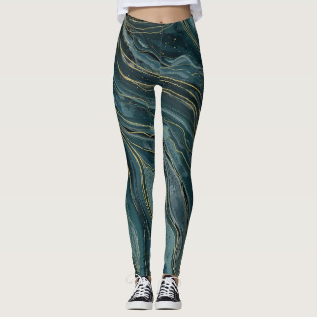 Leggings Vagues aquarelles abstraites bleu sarcelle or (Devant)