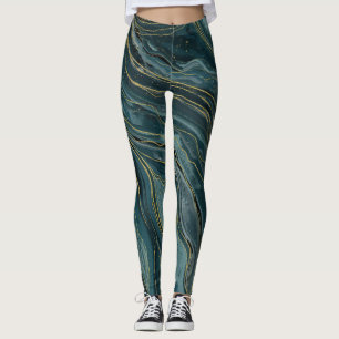 Leggings Vagues d'aquarelle Abstraite turquoise Blue Gold