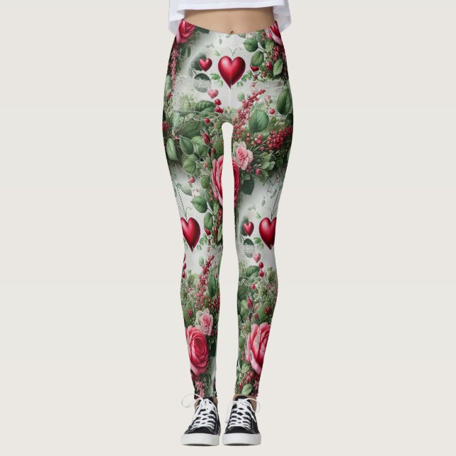 Leggings Valentines Jour Coeurs et Légendes Roses (Devant)