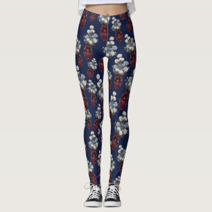 Leggings Vases Chinoiserie Chrysanthèmes Bleu Nuit