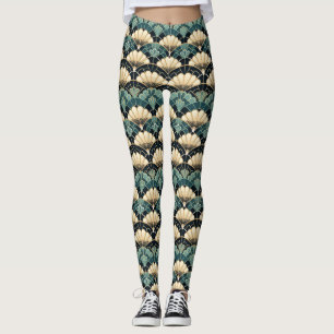 Leggings Ventilateur Art Déco Turquoise Foncé Motif