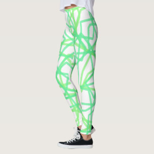 Leggings Vert Citron et Rayures Blanches Gribouillis Abstra
