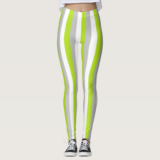Leggings Vert de chaux vertical, argent et rayures blanches (Devant)