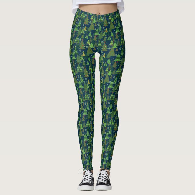 Leggings Vert de guêtres d'impression d'arbre de Noël (Devant)