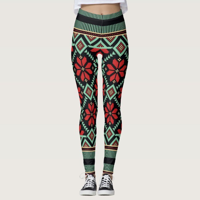 Leggings Vert noir rouge de motif floral nordique de (Devant)