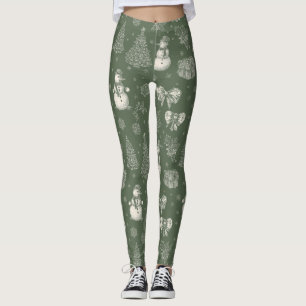 Leggings Vert sauge vintage Toile de Noël d'hiver (5)