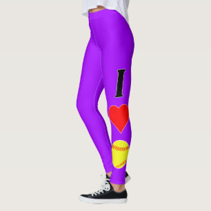 Leggings Vertical I Love/Heart Softball Personnalisé Couleu
