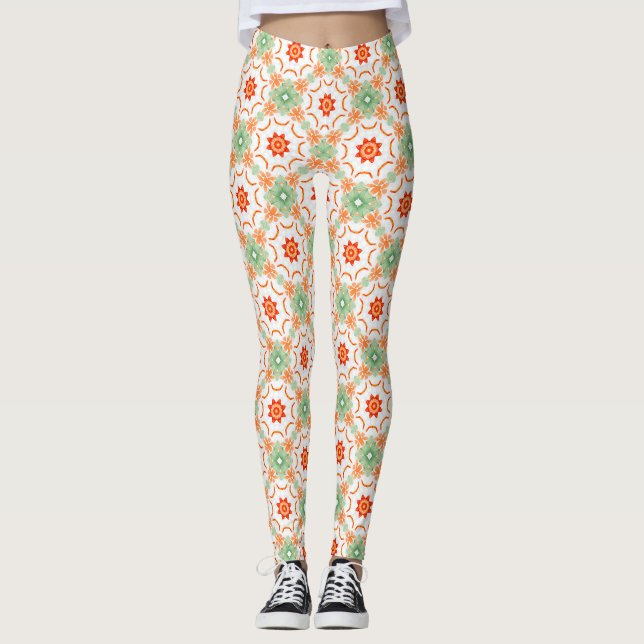 Leggings Vibrant Green & Terracotta Floral Diamond Pattern  (Devant)