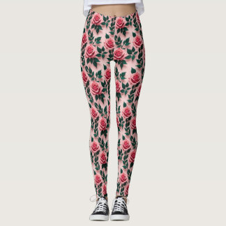 Leggings Vibrant Red Roses With Dark Green Leaves