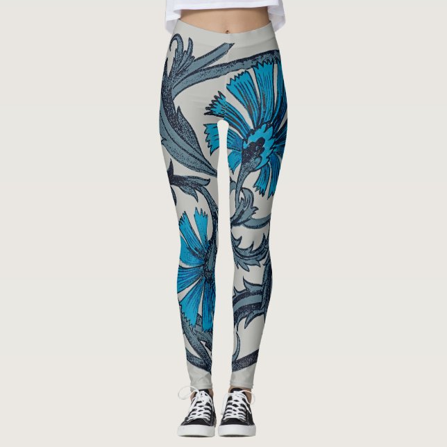 Leggings vintage bleu antique fleurs artisanat rustique (Devant)