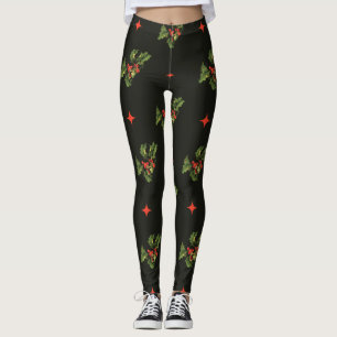 Leggings Vintage Christmas Holly Feuilles et étoiles Motif
