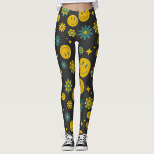 Leggings visage souriant drôle et fleurs funky