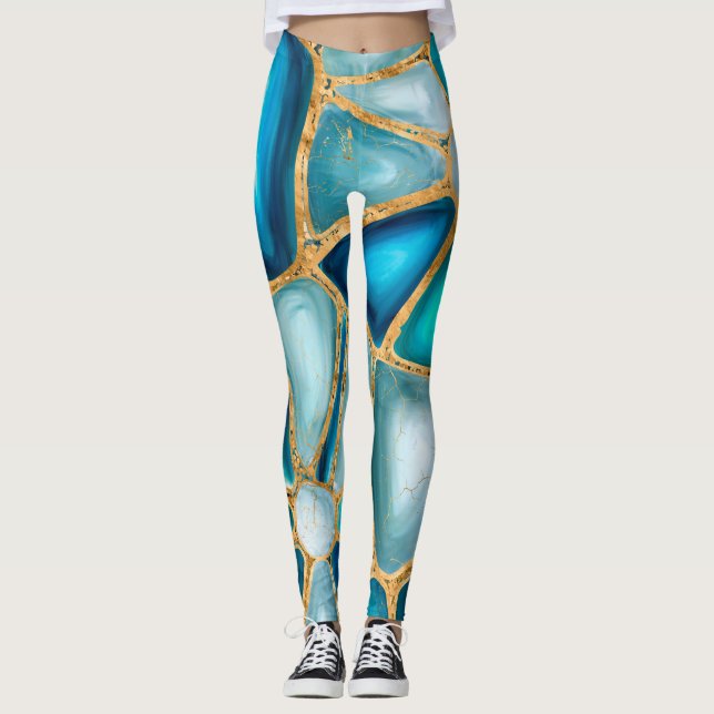 Leggings Watercolor and gold cells - ocean (Devant)