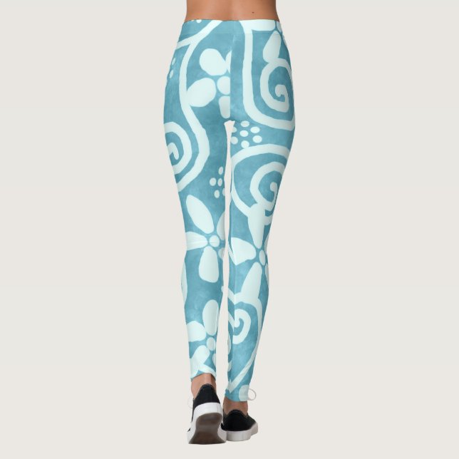 Leggings Whimsical Flowers & Swirls Blue White Pattern  (Dos)