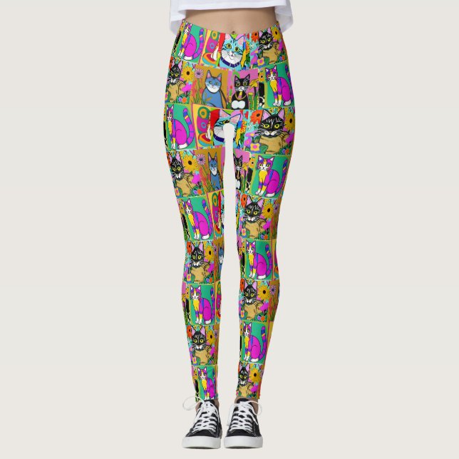 Leggings Whimsical Folk Art Chats colorés (Devant)