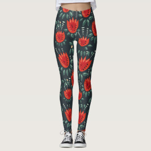 Leggings Whimsical Red Tulips Floral Art - Printemps Abstra