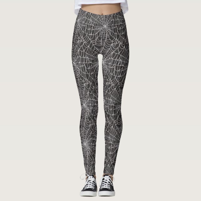 Leggings White Spider Web Halloween Design on Black (Devant)