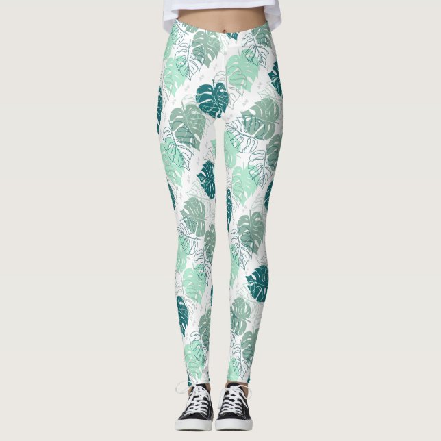 Leggings with diagonal tropic leaf pattern (Front)