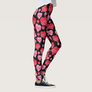 Leggings XOXO Love Rose Red Heart Motif Valentine Black