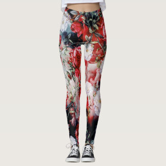 Leggings Yoga noir blanc rouge floral de roses victoriens