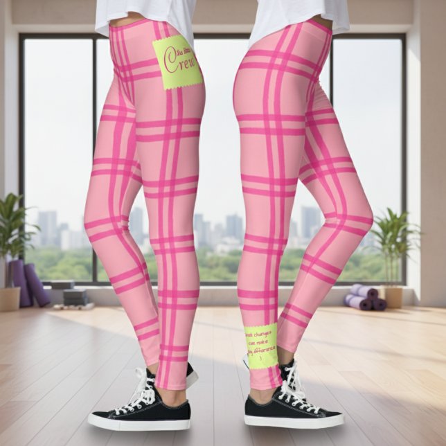 Leggings Yoga Pilates Barre Jiu Jitsu Customised Pink Check (Pink check pattern leggings with a fitness studio background.)