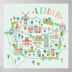 Leiden City Illustrated Map on mint background Poster