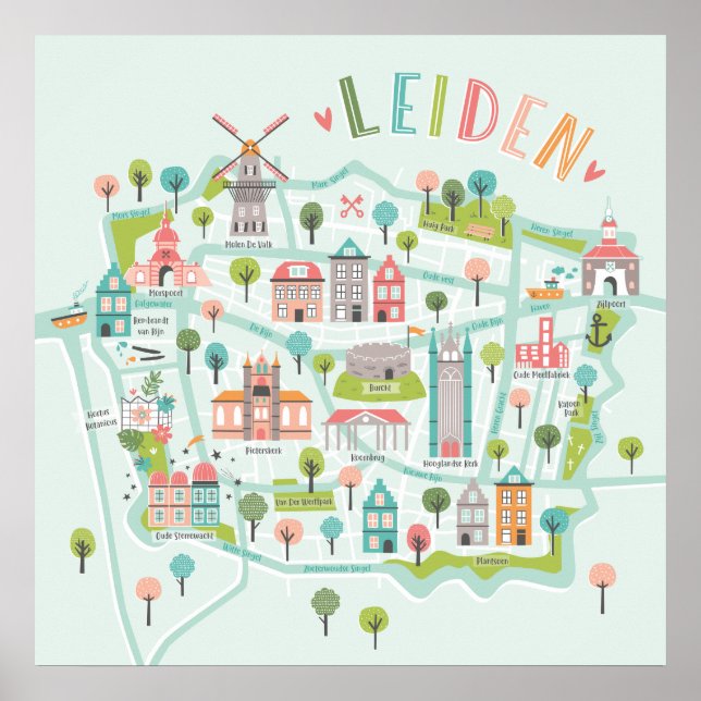 Leiden City Illustrated Map on mint background Poster (Front)