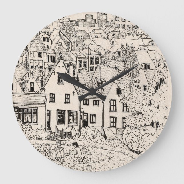 Leiden South Holland Netherlands Pen Ink Drawing Large Clock (Front)
