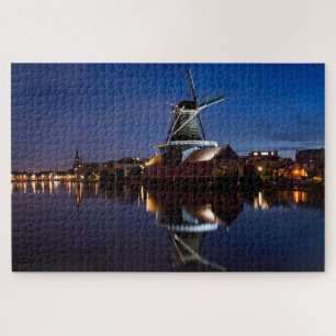 Leidschendam windmill with reflection at night jigsaw puzzle