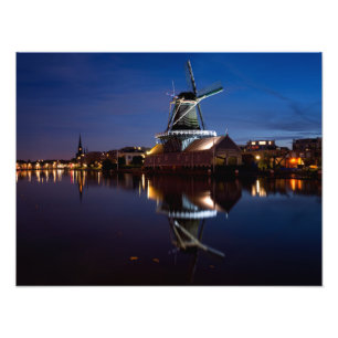 Leidschendam windmill with reflection at night photo print