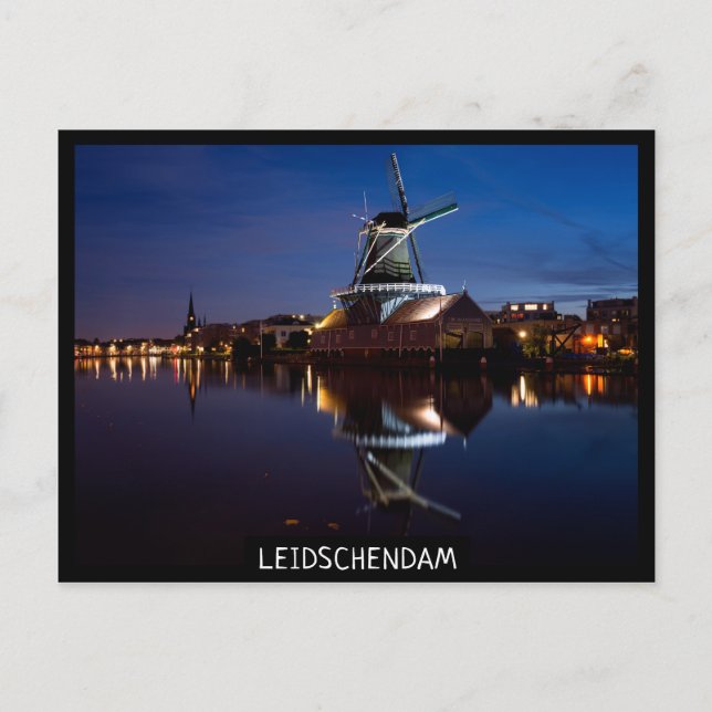 Leidschendam windmill with reflection at night postcard (Front)