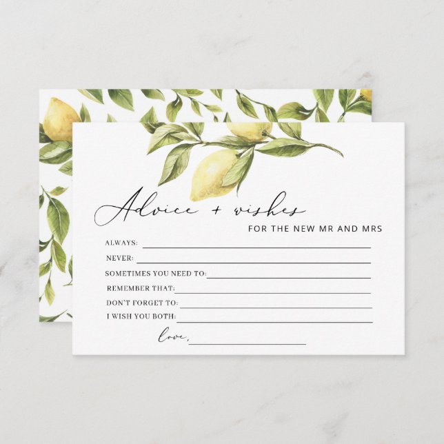 Lemon Advice and Wishes Bridal Shower Game Card (Front/Back)