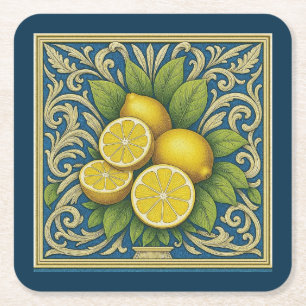 Lemon Almafi Blue Mediterranean Art Nouveau Square Paper Coaster