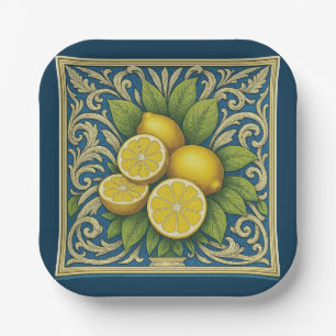 Lemon Amalfi Blue Mediterranean Art Nouveau Paper Plate